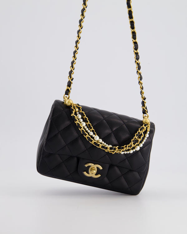Chanel Black Mini Square Single Flap Bag in Lambskin Leather with Brushed Gold Hardware and Pearl Strap&nbsp;