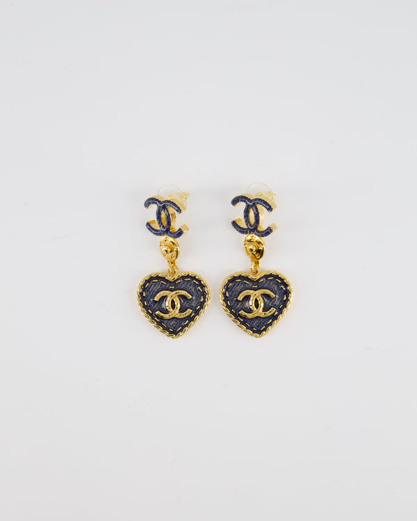 *SUPER HOT* Chanel Blue &amp; Gold Pendant Heart Earrings with CC Logo Detail