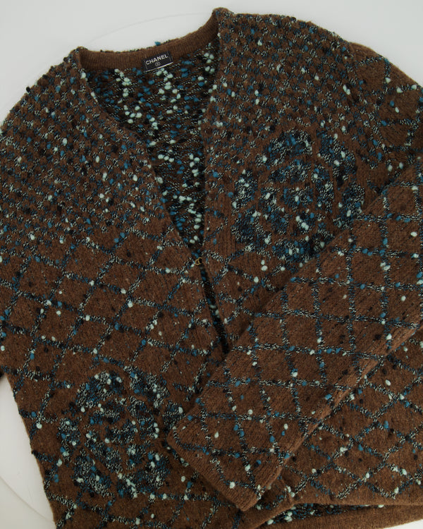Chanel Brown and Metallic Blue Wool Cardigan with Coco Logo Detail Size FR 40/42 (UK 12/14)