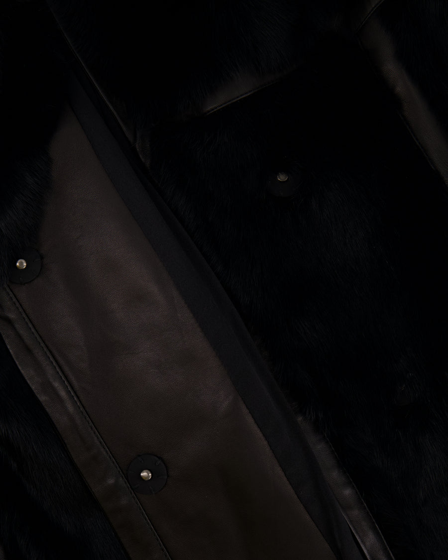 Barbara Bui Black Lambskin Leather and Fur Long Coat Size FR 36 (UK 8) RRP £3,500
