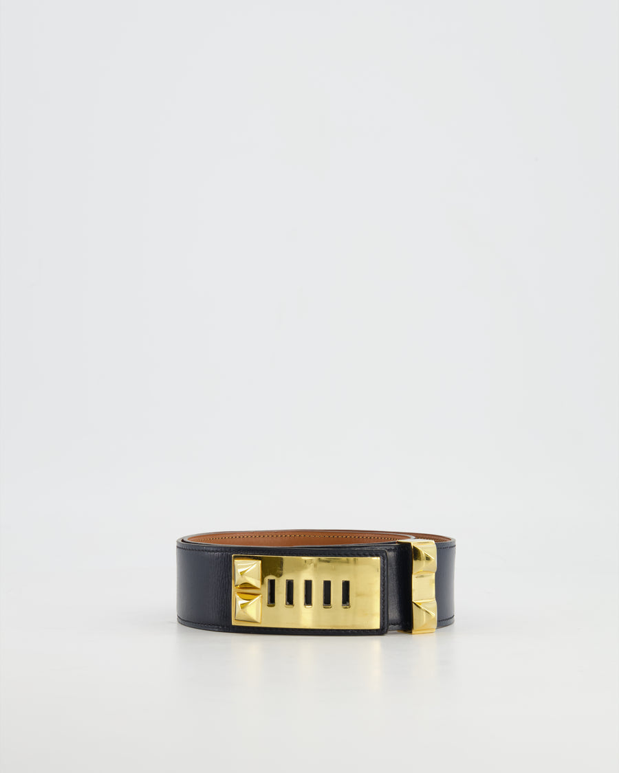 Hermes Navy Collier de Chien Leather Belt with Gold Hardware Size 72 RRP £3,290