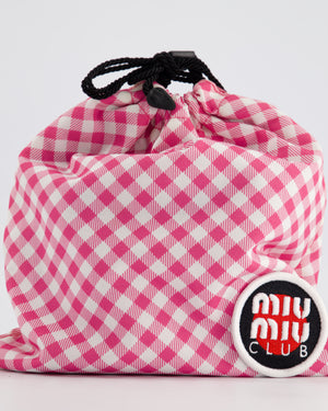 Miu Miu Nylon Draw String Bag in White &amp; Pink Checkered Print with Miu MIu Club Badge Detail