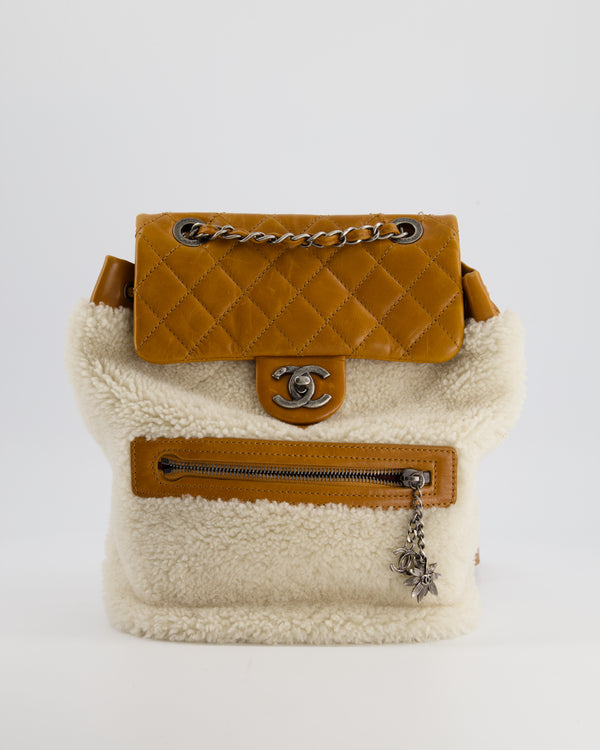 Chanel Cream and Caramel Shearling and Calfskin Leather Backpack with Ruthenium Hardware and Charm Zips