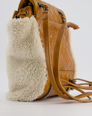 Chanel Cream and Caramel Shearling and Calfskin Leather Backpack with Ruthenium Hardware and Charm Zips