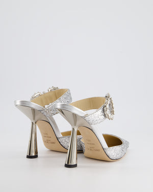 Jimmy Choo Silver Glitter Marta Mule Heels 90 with Crystal Buckle Detail Size EU 38.5