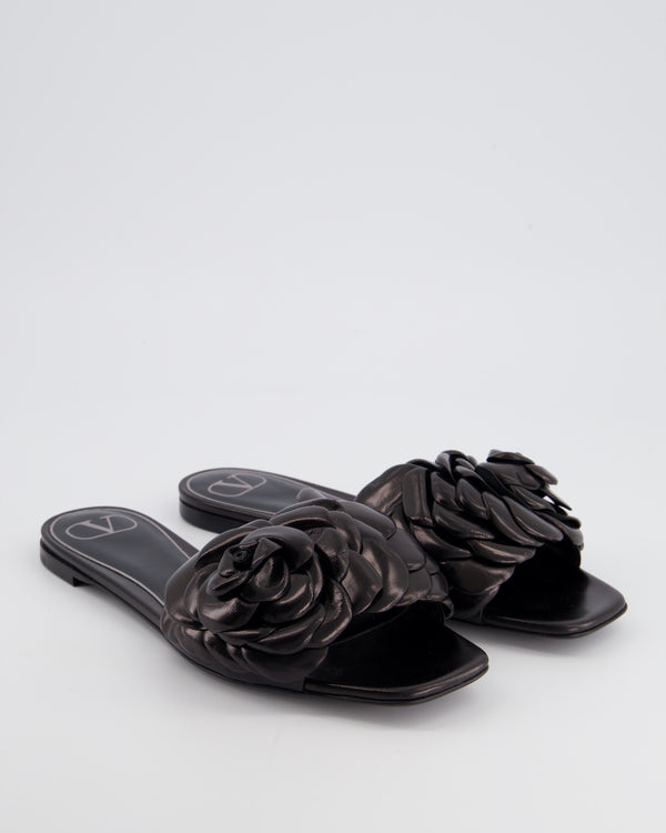 Valentino Black Floral Appliqué Flat Sandals Size EU 38.5 £720
