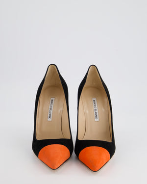 Manolo Blahnik Black Suede Stiletto Heels with Orange Pointed Toe Detail EU 38.5