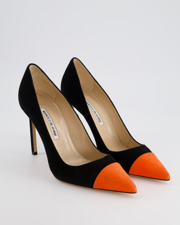 Manolo Blahnik Black Suede Stiletto Heels with Orange Pointed Toe Detail EU 38.5