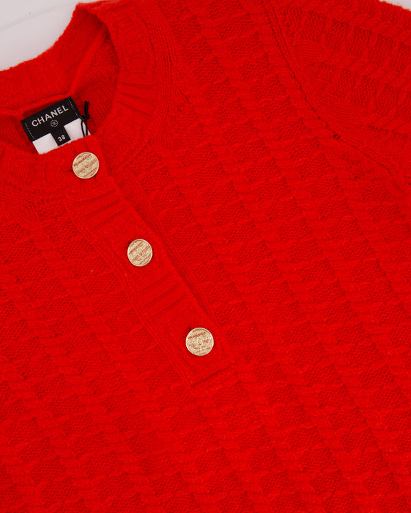 Chanel 23B Red Cashmere & Wool Top with Gold CC Logo Button Details Size FR 38 (UK 10)