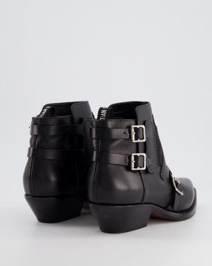 Christian Dior Black Leather Ankle Saddle Boots with Silver Buckle Size EU 37.5