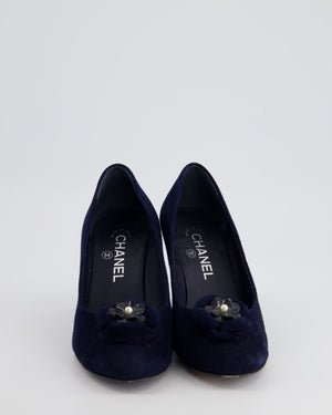 Chanel Navy Suede CC Heels with Camellia Pearl Detail Size EU 38