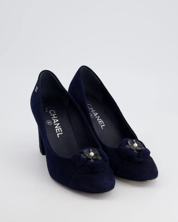 Chanel Navy Suede CC Heels with Camellia Pearl Detail Size EU 38