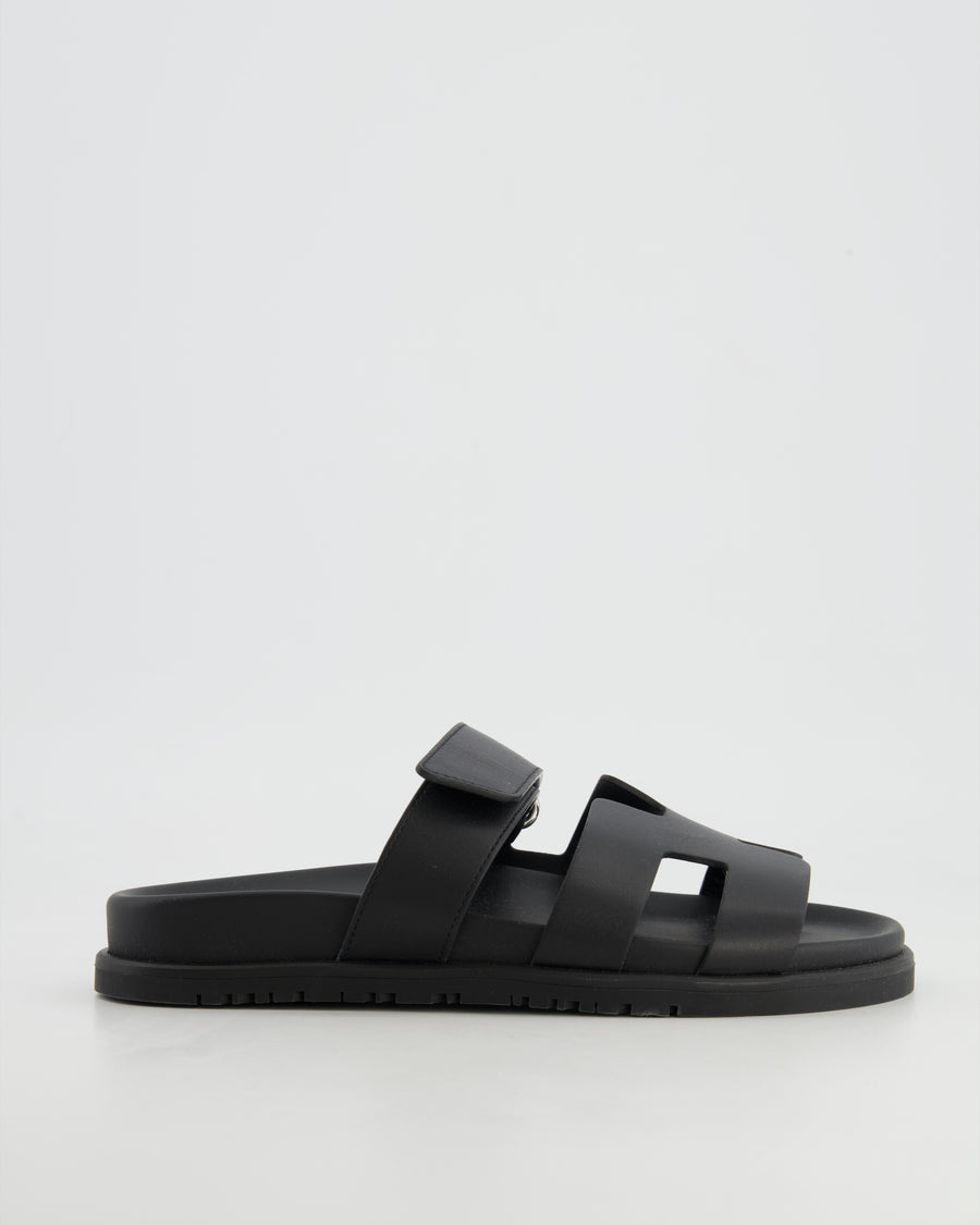 Hermès Black Leather Chypre Sandals Size EU 37.5