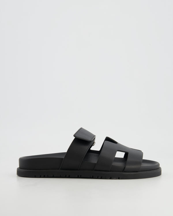 Hermès Black Leather Chypre Sandals Size EU 37.5