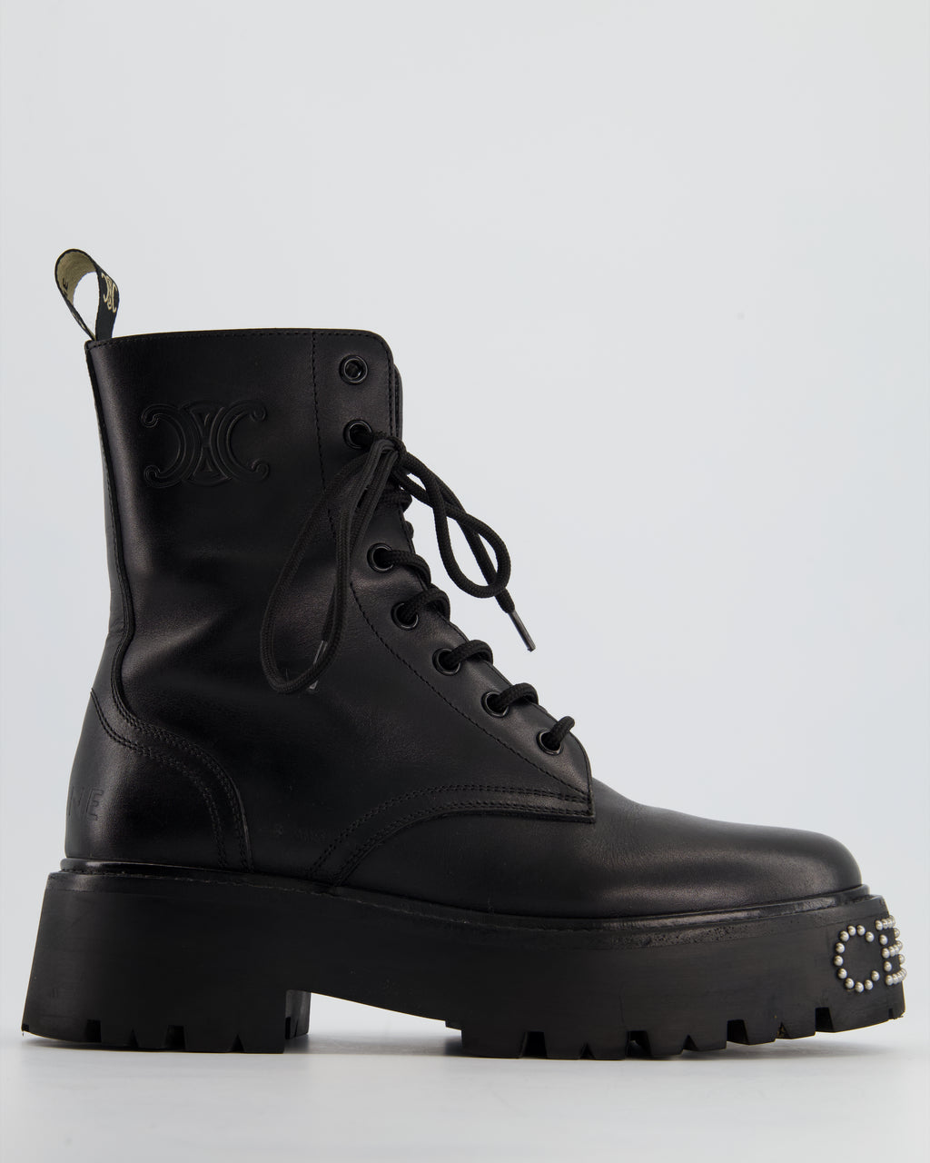 Celine Black Platform Lace Up Logo Studded Boots Size EU 38 Sellier