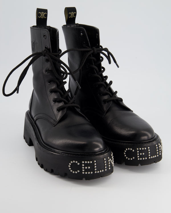 Celine Black Platform Lace-Up Logo Studded Boots Size EU 38
