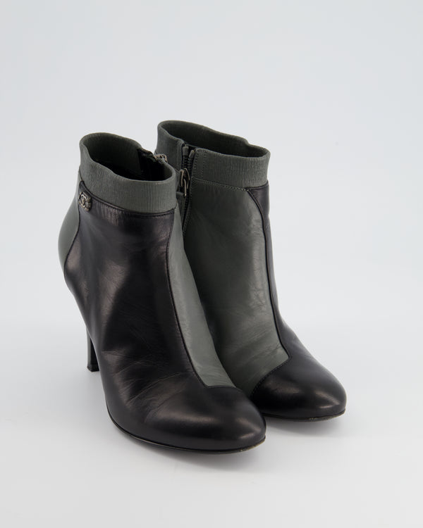 Chanel Black, Grey Leather Heel Ankle Boots with CC Logo Size EU 35.5