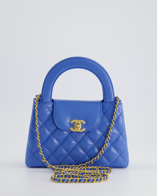 *HOT & RARE* Chanel Blue Small Mini Kelly Shopping Bag in Calfskin Leather with Brushed Antique Gold Hardware