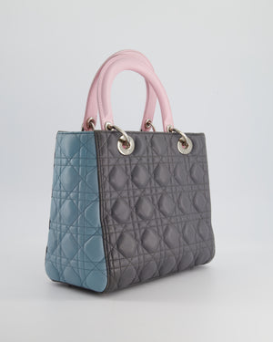 Christian Dior Grey, Pink and Blue Medium Lady Dior Bag in Lambskin Leather with Silver Hardware