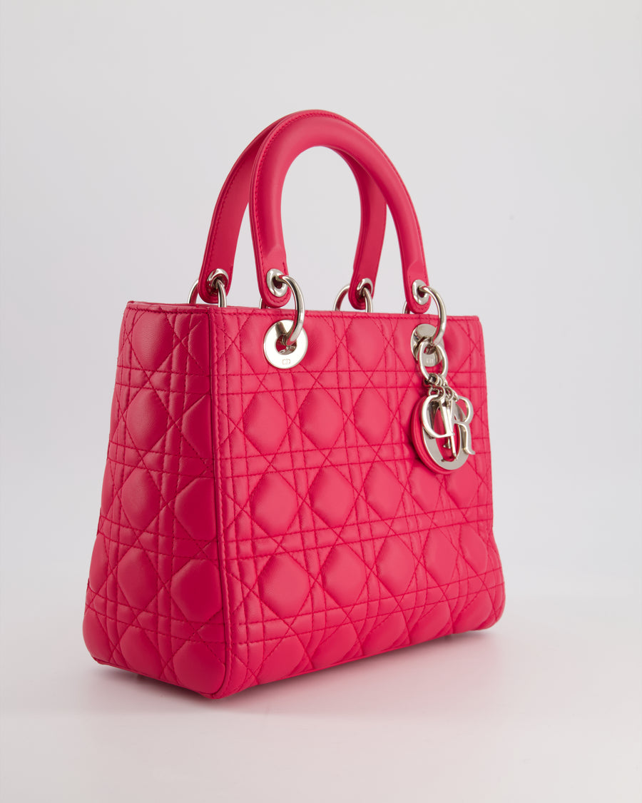 Christian Dior Hot Pink Medium Lady Dior Bag in Lambskin Leather with Silver Hardware&nbsp;