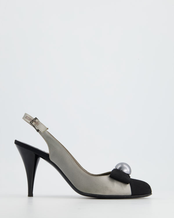 Chanel Silver and Black Pump Heels With Pearl Detail Size EU 40.5