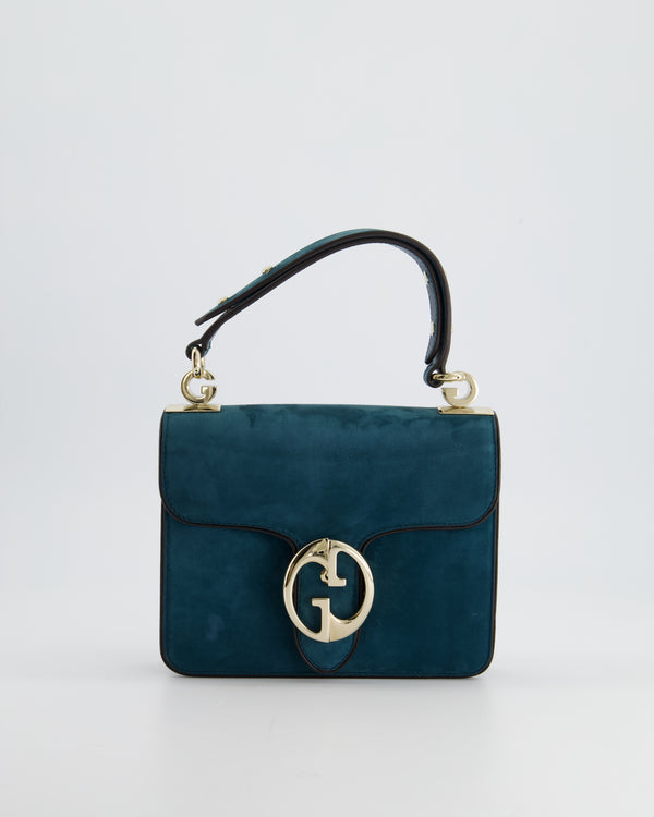 Gucci Turquoise Suede 1973 Top Handle Bag with Gold Hardware