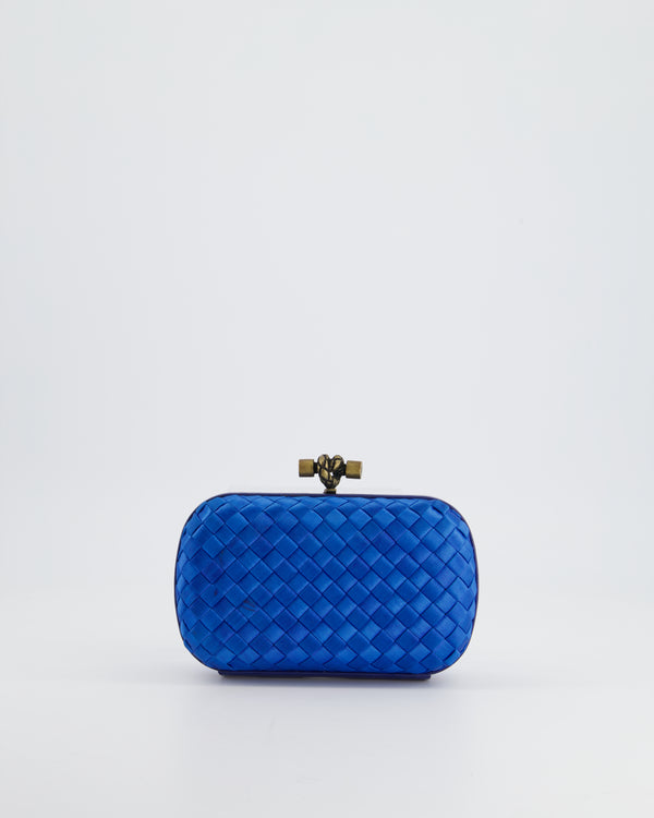 Bottega Veneta Blue Mini Knot Clutch Bag in Satin with Leather Detail and Antique Gold Hardware
