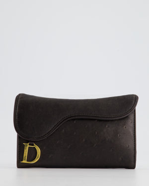 Christian Dior Vintage Saddle Wallet in Brown Ostrich Leather with Gold Hardware