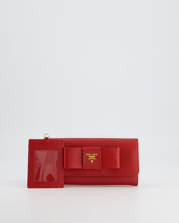 Prada Red Saffiano Leather Wallet with Bow Detail & Gold Hardware