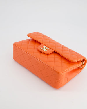 Chanel Bright Orange Small Classic Double Flap Bag in Lambskin Leather with Champagne Gold Hardware