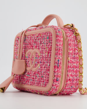 *SUPER HOT* Chanel Pink Medium CC Filigree Vanity Case Bag in Tweed with Brushed Gold Hardware and Chain Detail