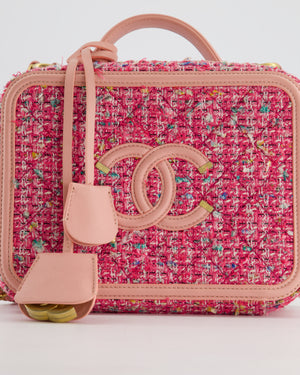 *SUPER HOT* Chanel Pink Medium CC Filigree Vanity Case Bag in Tweed with Brushed Gold Hardware and Chain Detail