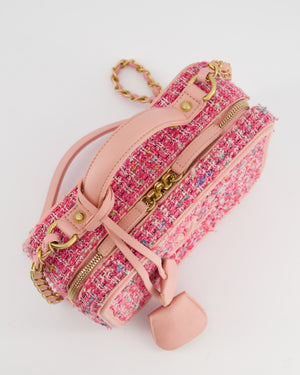 *SUPER HOT* Chanel Pink Medium CC Filigree Vanity Case Bag in Tweed with Brushed Gold Hardware and Chain Detail