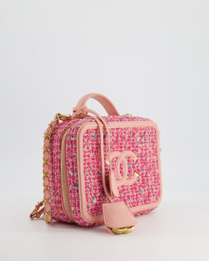 *SUPER HOT* Chanel Pink Medium CC Filigree Vanity Case Bag in Tweed with Brushed Gold Hardware and Chain Detail