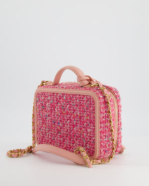 *SUPER HOT* Chanel Pink Medium CC Filigree Vanity Case Bag in Tweed with Brushed Gold Hardware and Chain Detail