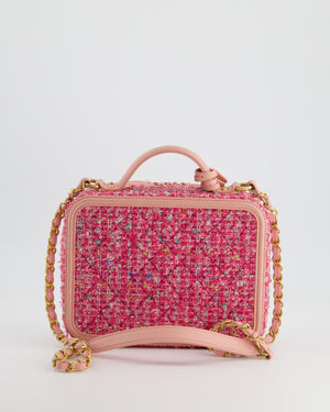 *SUPER HOT* Chanel Pink Medium CC Filigree Vanity Case Bag in Tweed with Brushed Gold Hardware and Chain Detail