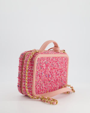 *SUPER HOT* Chanel Pink Medium CC Filigree Vanity Case Bag in Tweed with Brushed Gold Hardware and Chain Detail