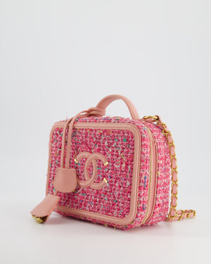 *SUPER HOT* Chanel Pink Medium CC Filigree Vanity Case Bag in Tweed with Brushed Gold Hardware and Chain Detail