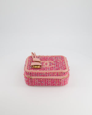 *SUPER HOT* Chanel Pink Medium CC Filigree Vanity Case Bag in Tweed with Brushed Gold Hardware and Chain Detail