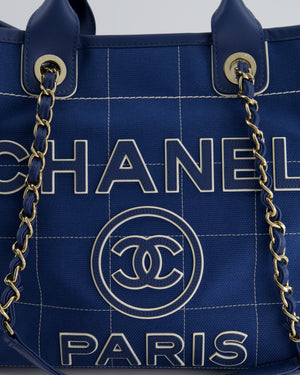 Chanel Blue Canvas Medium Deauville Tote Bag with Champagne Gold Hardware