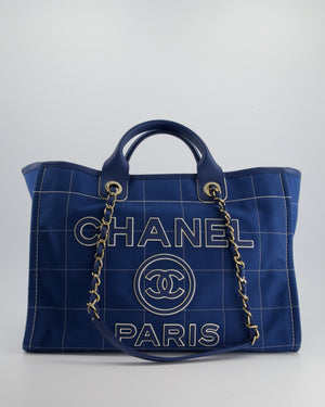 Chanel Blue Canvas Medium Deauville Tote Bag with Champagne Gold Hardware