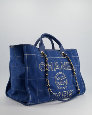 Chanel Blue Canvas Medium Deauville Tote Bag with Champagne Gold Hardware