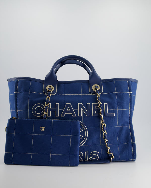 Chanel Blue Canvas Medium Deauville Tote Bag with Champagne Gold Hardware