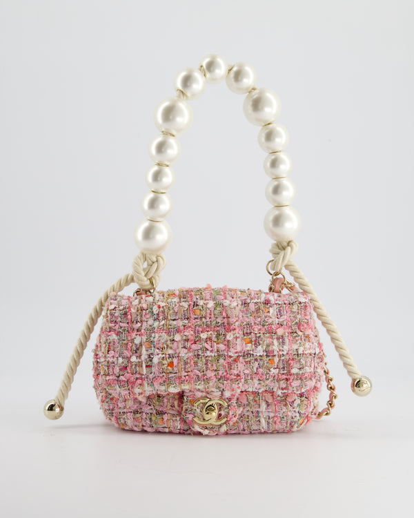 Chanel Mini Pink Tweed Flap Bag with Large Pearl Handle and Champagne Gold Hardware