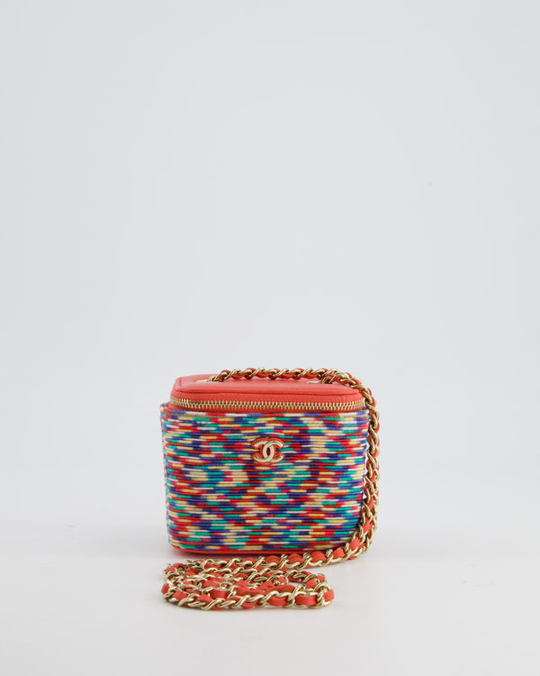 Chanel Red, Yellow, Green Blue Mini Vanity Bag in Braided Fabric and Lambskin with Champagne Gold Hardware