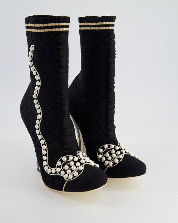 Fendi Black, White Sock Ankle Boot with Pearl Bow Detail Size EU 41.5