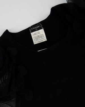 Chanel Black Ribbed Wool Jumper with Floral Tulle Sleeve Detail Size FR 40 (UK 12)