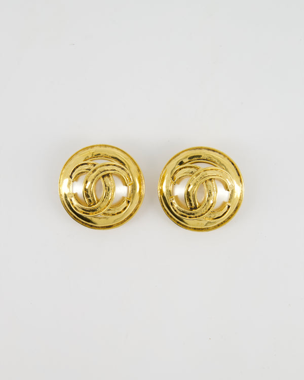 Chanel Vintage 94P Aged 24K Gold Large CC with Pearl Clip-On Earrings