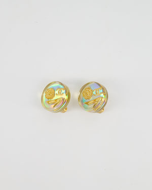 Chanel 97P Vintage Round Iridescent with Gold CC Logo, Caméila & Shoe Detail Clip-On Earrings