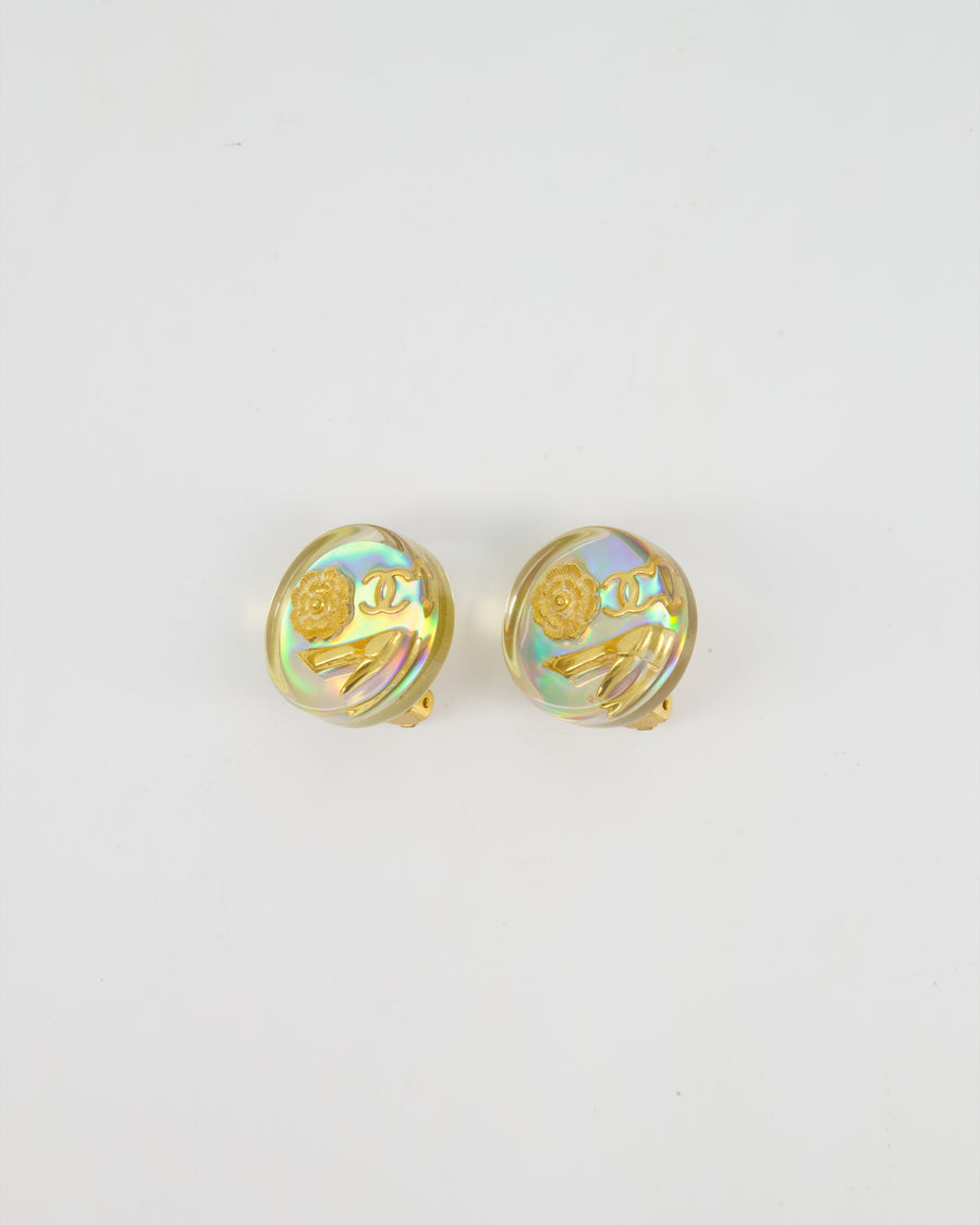 Chanel 97P Vintage Round Iridescent with Gold CC Logo, Caméila & Shoe Detail Clip-On Earrings